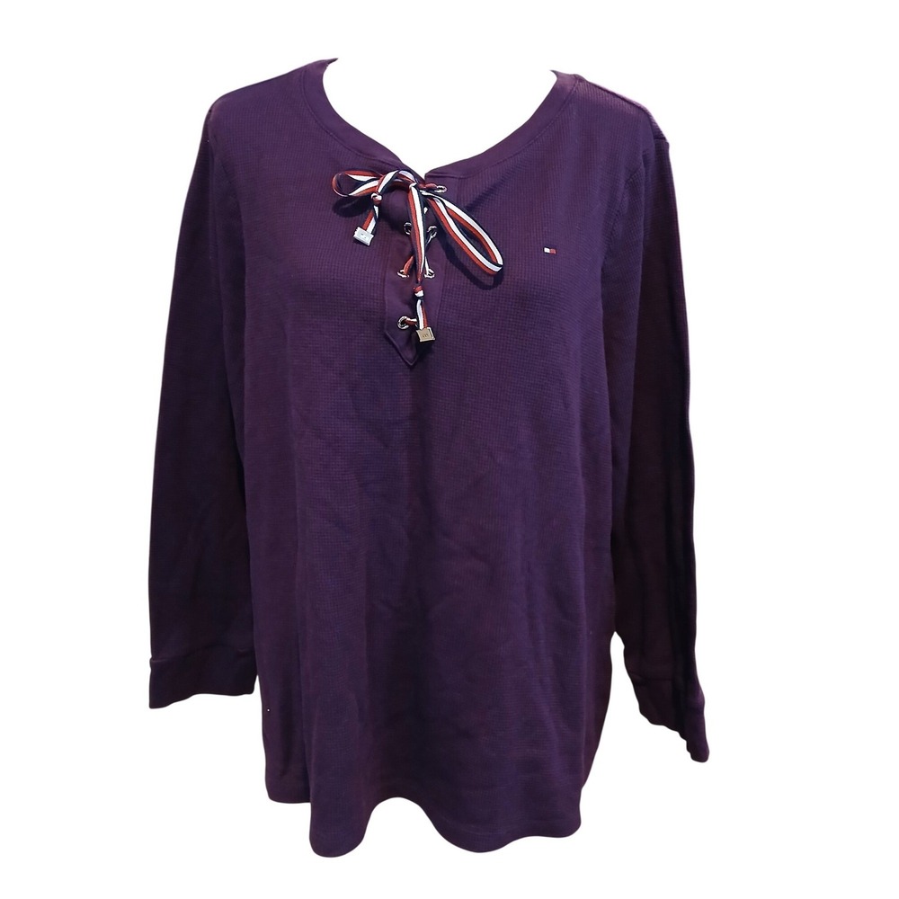 Tommy Hilfiger Sz 1x Womens Purple Waffle Knit Lace Up Long Sleeve Tshirt Modest